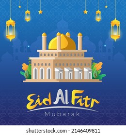 Eid al fitr mubarak vector greetings card with mosque and arabic lamp