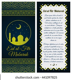 Eid Al Fitr Mubarak. Vintage islamic style flyer design template with creative art elements and ornament, page layouts, blue and yellow colors and artistic solutions for design and decoration