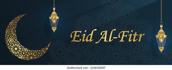 Eid al Fitr, the Muslim holiday marking the breaking of the fast of the month of Ramadan with Oriental design and Islamic background with gold pattern on color background