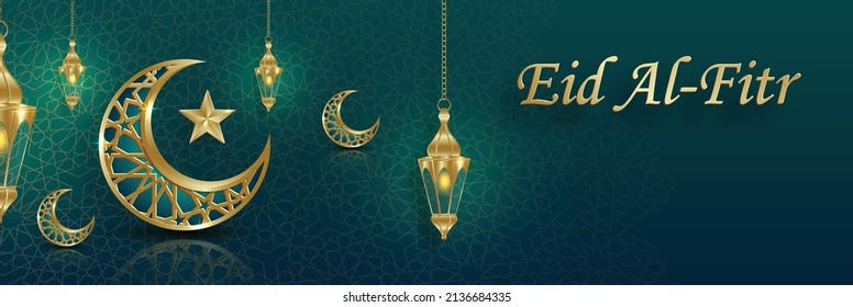 Eid al Fitr, the Muslim holiday marking the breaking of the fast of the month of Ramadan with Oriental design and Islamic background with gold pattern on color background