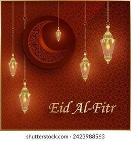 Eid al Fitr, the Muslim holiday marking the breaking of the fast of the month of Ramadan with Oriental design and Islamic background with gold pattern on color background