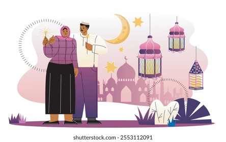 Eid al fitr. Muslim man and woman near crescents and lanterns. Islam, religion and faith, belief. Oriental culture and traditions. Flat vector illustration isolated on white background