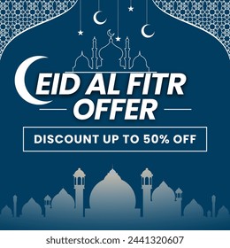 Eid Al Fitr offer. Eid mega sale. Up to 50% off. White text theme vector EPS editable file. Minimal flat or Blue background.