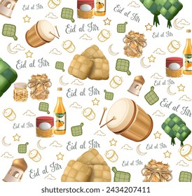 Patrón de Eid al Fitr con Ketupat y Bedug ilustración vectorial. Tarjeta de felicitación de Eid Mubarak