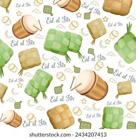 Eid al Fitr Pattern with Ketupat and Bedug Vector Illustration. Eid Mubarak Greeting Card