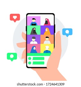 eid al fitr reunion stay at home using video call or teleconference due to covid-19 outbreak. social distancing campaign