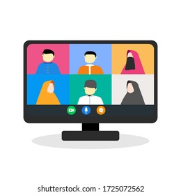 eid al fitr reunion stay at home using video call or teleconference due to covid-19 outbreak. social distancing campaign
