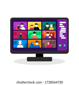 eid al fitr reunion stay at home using video call or teleconference due to covid-19 outbreak. social distancing campaign. app running on a desktop monitor