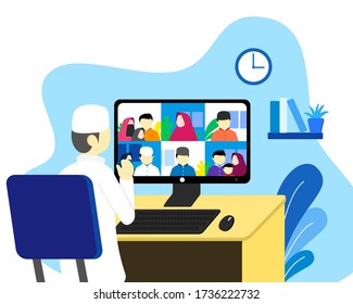 eid al fitr reunion stay at home using video call or teleconference due to covid-19 outbreak. social distancing campaign. muslim man, woman and kids illustration. suitable for business and work