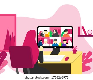eid al fitr reunion stay at home using video call or teleconference due to covid-19 outbreak. social distancing campaign. muslim woman talk with man, kid and family illustration. suitable for business