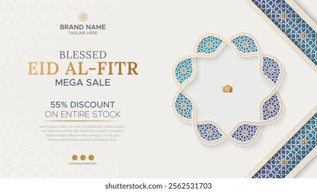 Eid al Fitr Sale Banner Islamic Ornamental Background, Ramadan sale social media post with empty space for photo