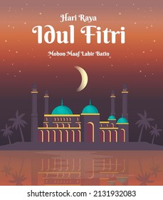 eid al fitr - selamat hari raya idul fitri greeting design illustration. translation 'eid al fitr, forgive me soul and body'