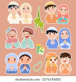 Eid Al Fitr sticker set vector illustration style. Eid celebration. Cartoon sticker, Happy Eid Mubarak. Ramadan Kareem. Happy Ramadan. Islamic design.