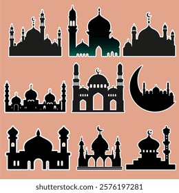 Eid Al Fitr sticker set vector illustration with mosque silhouette style. Eid celebration. Cartoon sticker, Happy Eid Mubarak. Ramadan Kareem. Happy Ramadan. Islamic design.