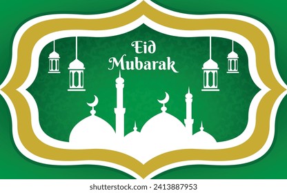 eid al fitr template banner with mosque element and lantern hanging ornament, ramadan mubarak vector