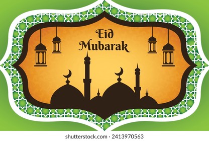 eid al fitr template banner with mosque silhouette and lantern hanging ornament, ramadan mubarak vector design