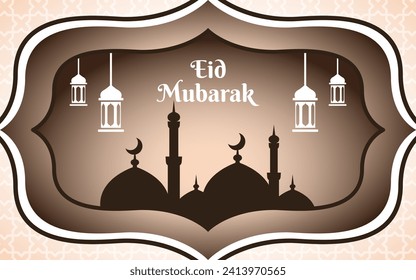 eid al fitr template banner with mosque silhouette and lantern hanging ornament, ramadan mubarak vector