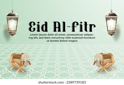 eid al fitr template banner with beautiful islamic ornament with green background design 04