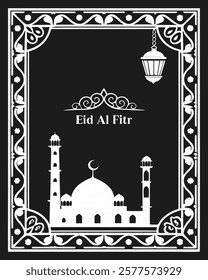 Eid Al Fitr vector design with mosque and lantern white silhouette for business use