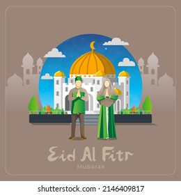 eid al fitr vector greetings card with muslim couple in front of mosque