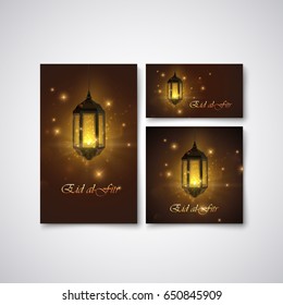 Eid al Fitr. Vector islamic religious illustration of stationery with glowing arabic lantern. Muslim Feast of Breaking the Fast postcard, flyer, cover design.