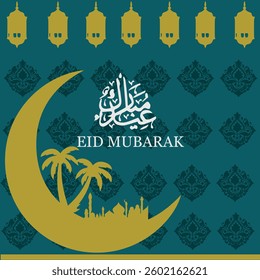 Eid Al Fitter Sea green  vector greeting card. Flat minimal design for corporate companies and social media. Translation of Arabic text: "Blessed Feast or Festival"