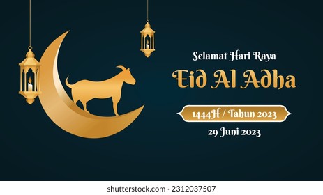 Eid al-Adha 1444H in June 2023 greeting design, vector goat, crescent moon and other elements