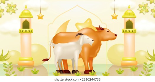 Eid al-Adha 3d vector. Illustration of goat and cow with Islamic and Arabic background for Muslim Community Festival. Islamic fest. Perfect for banners and design assets