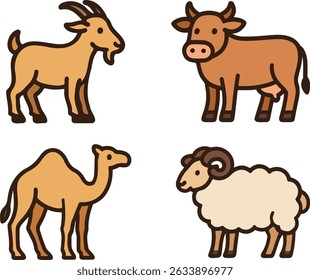 Eid al-Adha Animal Icon Set – Colorful Cartoon Goat, Cow, Sheep and Camel for Qurbani Design