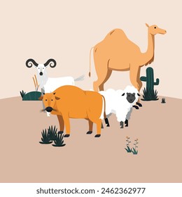 Eid al-Adha Animal Vector Illustration Set. Showcases a cow grazing, camels, goats, and sheep amidst a vast field with scattered grass and cactus plants.