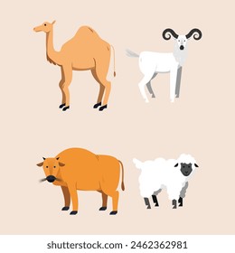 Eid al-Adha Animal Vector Illustration Collection. Featuring a cow grazing, along with camels, goats, and sheep.