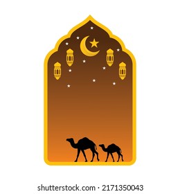 Eid al-Adha background design with camel, crescent moon and golden color lantern. Also suitable for Eid al-Adha, Eid al-Fitr, Ramadan, Hajj and Islamic days. eid al adha vector. Islamic background
