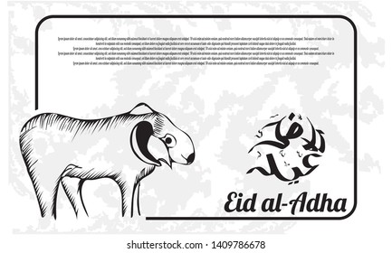 Eid al-Adha background hand drawn with the concept of sheep or goat sacrifice & Arabic calligraphy can be read Hari Raya Eid al-Adha means a great day for Muslims and Islam - Vector