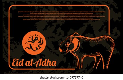 Eid al-Adha background hand drawn with the concept of sheep or goat sacrifice & Arabic calligraphy can be read Hari Raya Eid al-Adha means a great day for Muslims and Islam - Vector