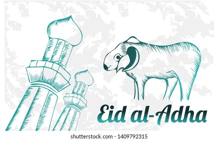 Eid al-Adha background hand drawn with the concept of sheep or goat sacrifice & mosque tower can used for web. landing page. banner. flyer. business card. grunge background illustration element