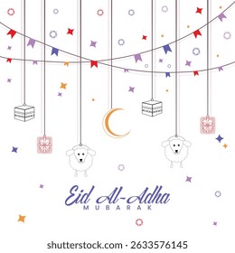 eid al-adha background with hanging lanterns, kaaba icons, crescent moon, and sheep — symbolizing the festive spirit and sacrifice of the holy celebration