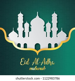 Eid Al-Adha background with mosque. Muslim holiday Eid al-Adha. Graphic design decoration kurban bayrami.