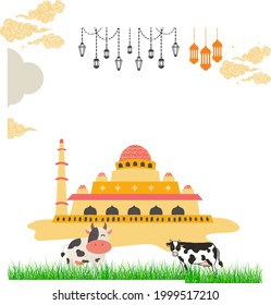 Eid al-Adha background with two cows and a mosque behind it