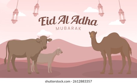 Eid al-Adha banner background illustration, with goat, cow and camel. Muslim community culture. lantern vector, minimalist islamic pattern