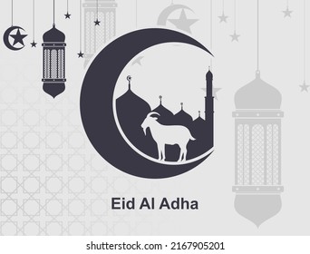 Eid al-Adha banner background with lantern, moon, mosque, and goat decorations