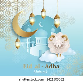 Eid al-Adha Banner. Card for traditional muslim holiday Kurban Bayram with sheep, moon, golden ornament, lamp and mosque for happy sacrifice celebration. Islamic greeting poster. Design for template.