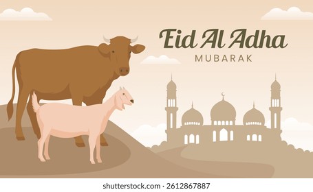 Eid al-Adha Banner Design Vector Illustration. Islamic Background with cow and goat illustration for Muslim community. Muslim Eid, Raya Hari, Eid al-Adha, and Maulid