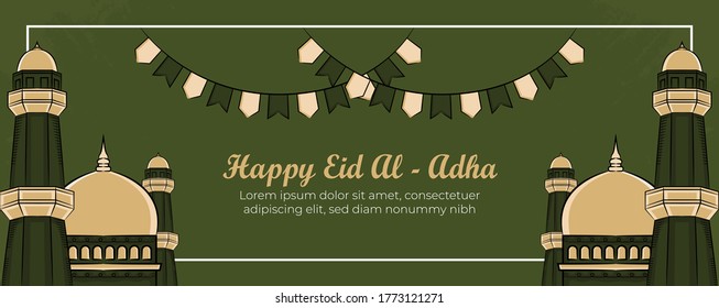 Eid al-adha banner template with Hand drawn Muslim People, Mosque, Lantern and islamic ornament in Green Grunge Background. Vector Illustration