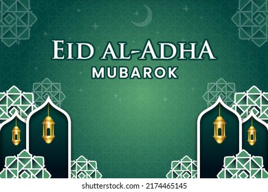 Eid al-Adha banner template vector design with Islamic green background and mosque, flowers