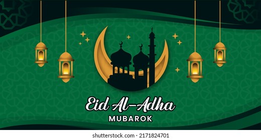 Eid al-Adha banner vector design with a green Islamic background and a creative and modern mosque moon motif