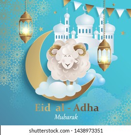 Eid al-Adha Banner.Poster for traditional muslim holiday with sheep, golden ornament,lamp and mosque for happy sacrifice celebration. Islamic greeting card,eid- flyer, poster for social media.