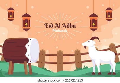 Eid al-Adha Banner.Poster for traditional muslim holiday with sheep, golden ornament,lamp and mosque for happy sacrifice celebration. Islamic greeting card,eid- flyer, poster for social media.