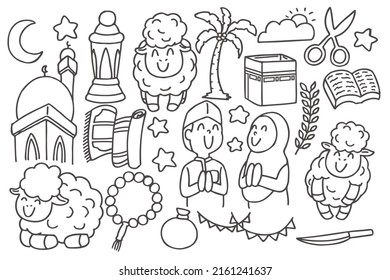 Eid al-Adha black and white doodles, cute, kawaii, set, print, art