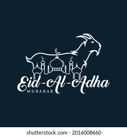 Texto de caligrafía de Eid al-Adha con ilustración de cabra, Fondo de celebración de Eid al-Adha. Ilustración del vector