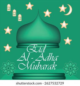Eid Al-Adha card with green mosque dome, stars, lanterns, and festive Islamic elements.